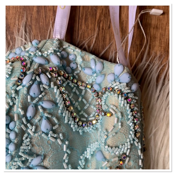 Cassandra Stone Evening Gown Beaded Jewel Bodice Pleated Long Dress Blue Size 4 - Picture 11 of 15